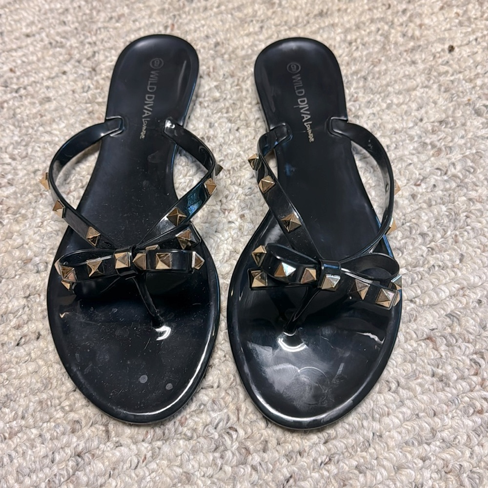 Black Studded Jelly Flip Flops